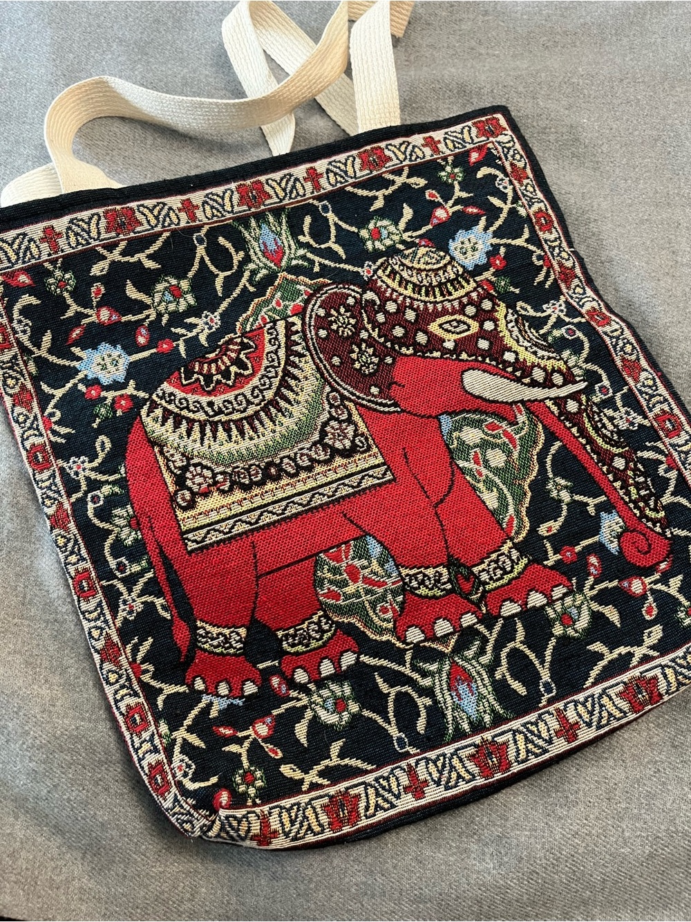 Red Elephant Tapestry Tote Bag with Ivory Handles